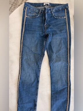 ZARA Trafaluc Denim Collection Jeans Womens 10 Blue Side Stripe Rhinestone